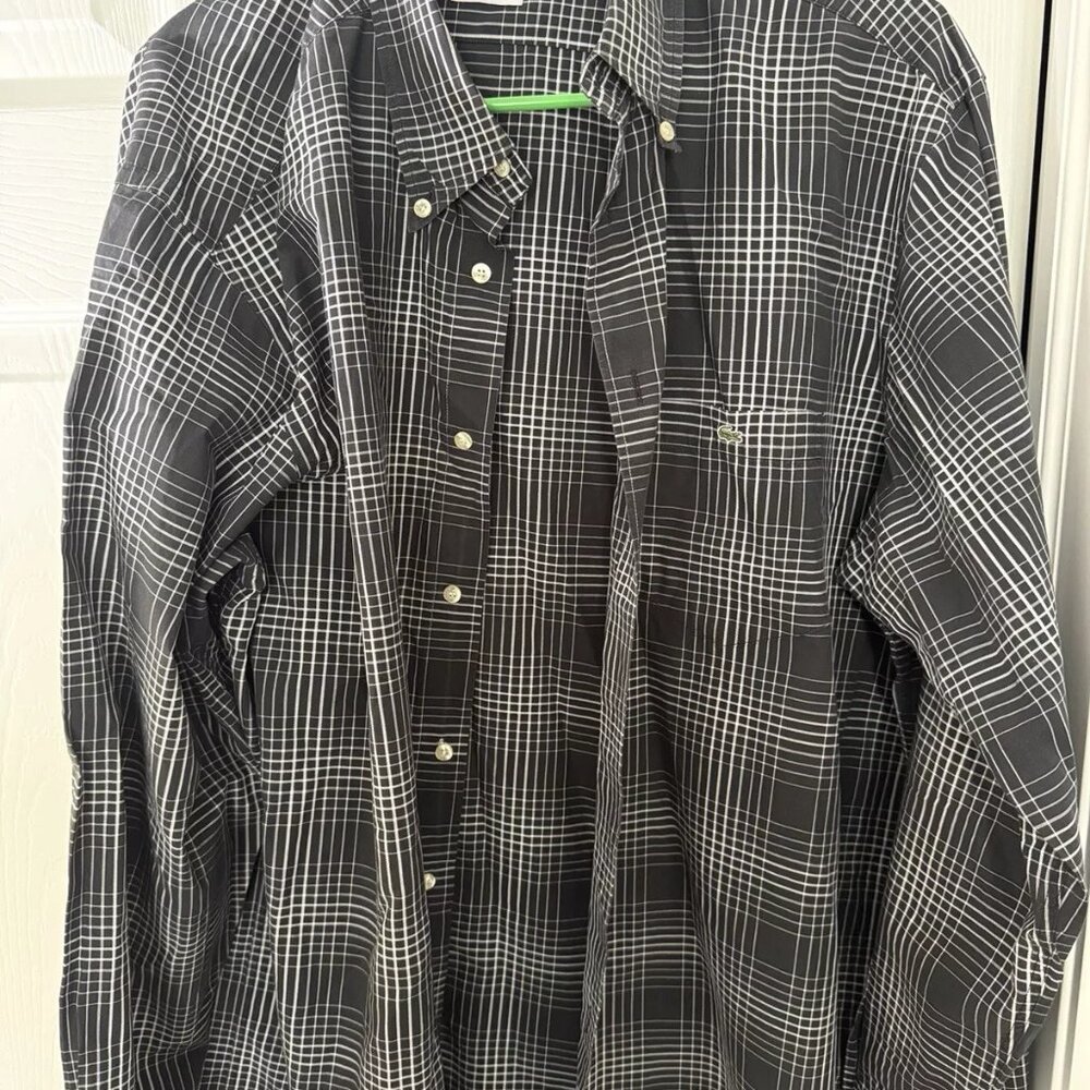 LaCoste Mens Button Down Long Sleeve Shirt Size 45 Black w White Stripes